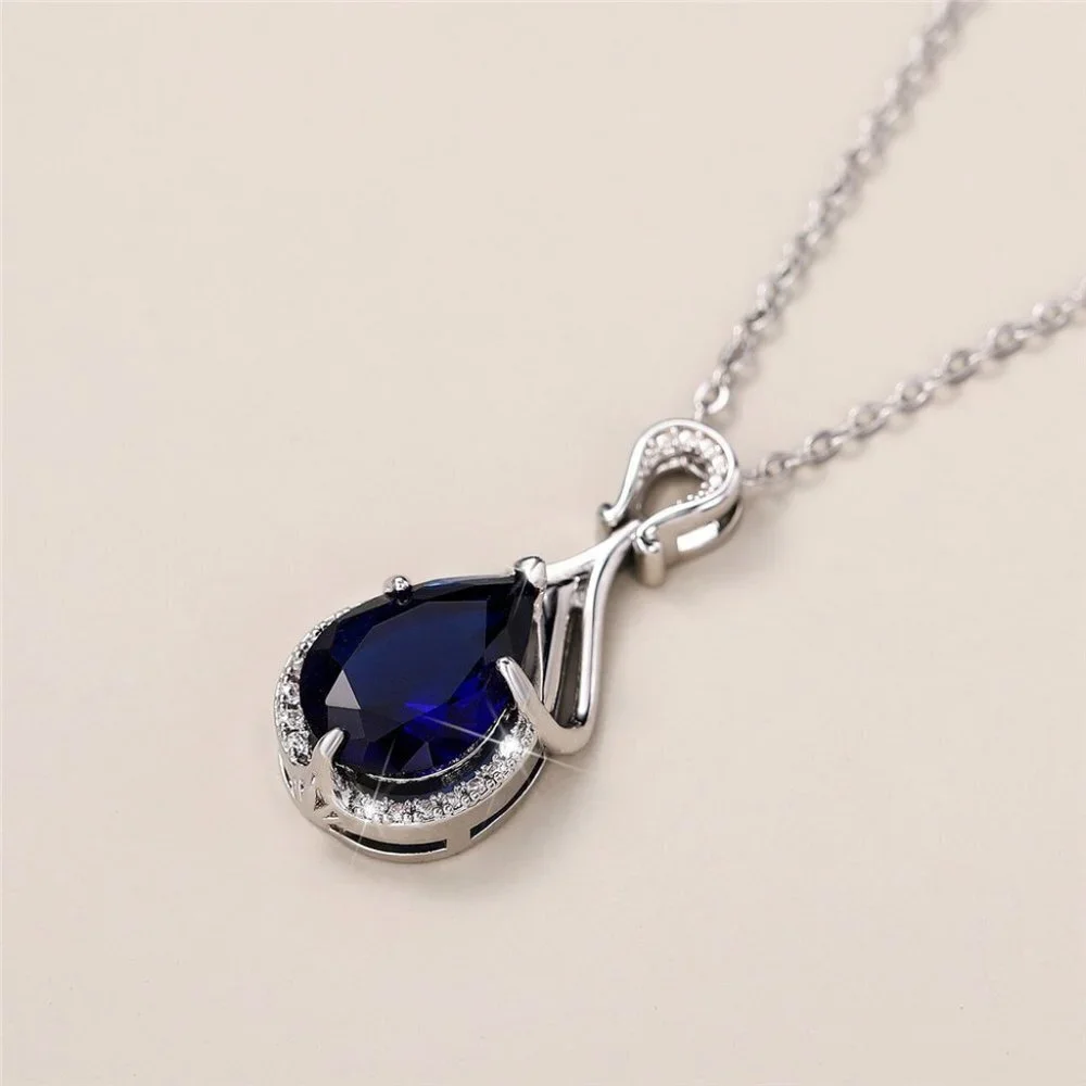 🎁 Silver Plating Blue Crystal Water Drop CZ Necklaces for Women, HA4470